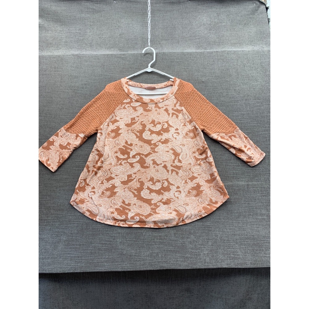 Ces Femme Tunic Top Womens Large Terracotta Paisley Crochet Raglan 3/4 Sleeve